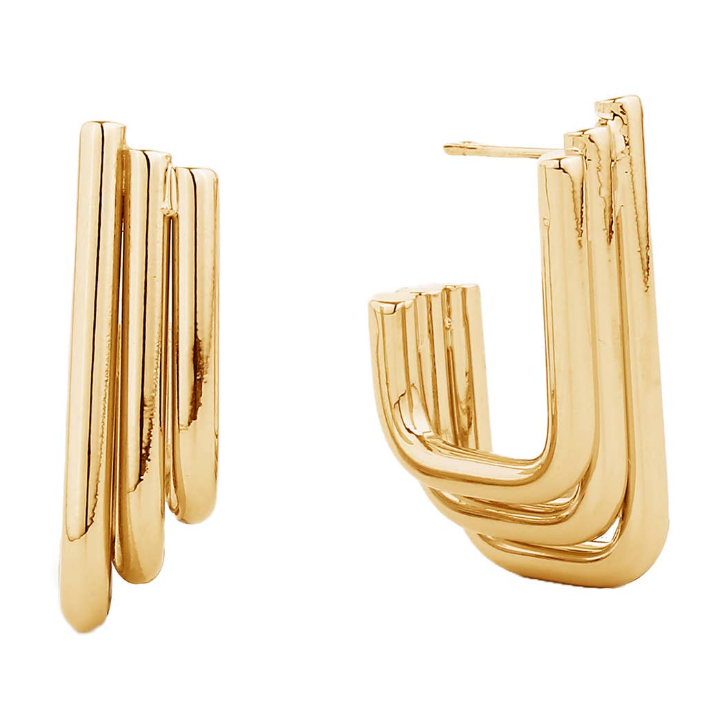 14K Gold-Dipped Triple Line Square Post Earring: ONE SIZE / GLD