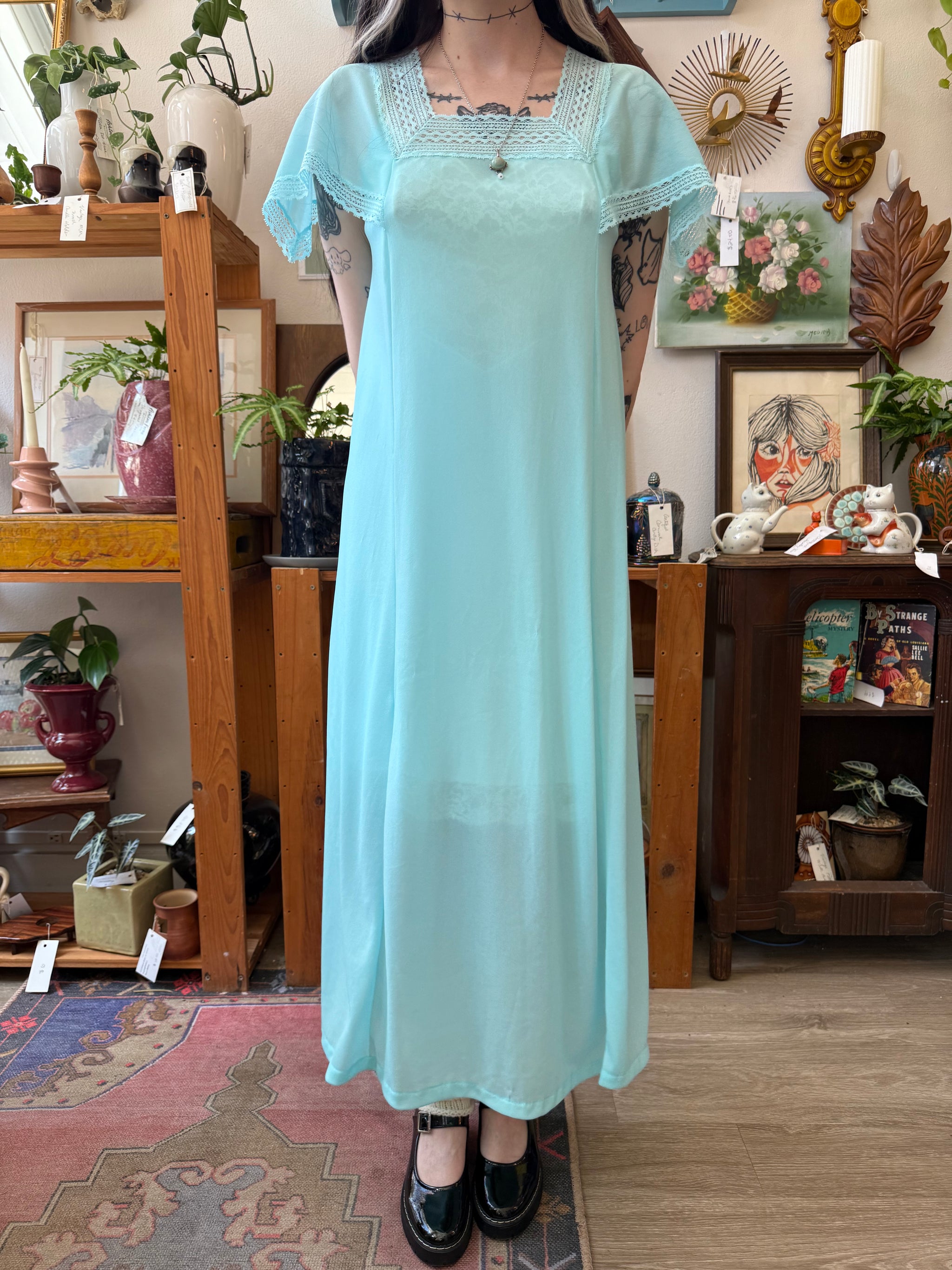 light blue nightgown dress Eileen West Blue Ditsy Cotton Knit Ballet Nightgown Blue Ditsy / XXS