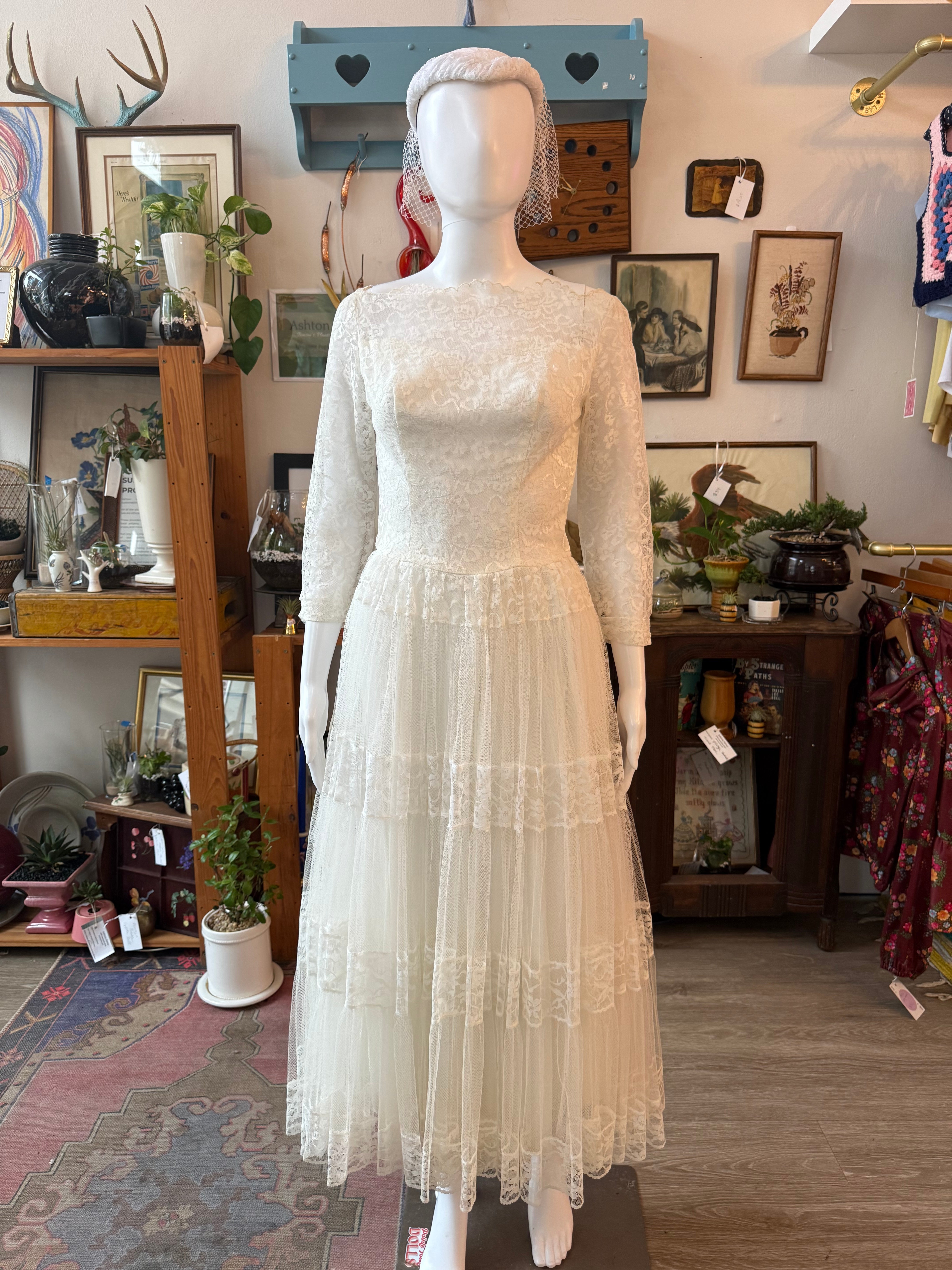 vintage lace tea length wedding dresses Retro 50s 60s Tea Length Lace Tulle Formal Wedding Dress DV1036 Custom Size / Ivory