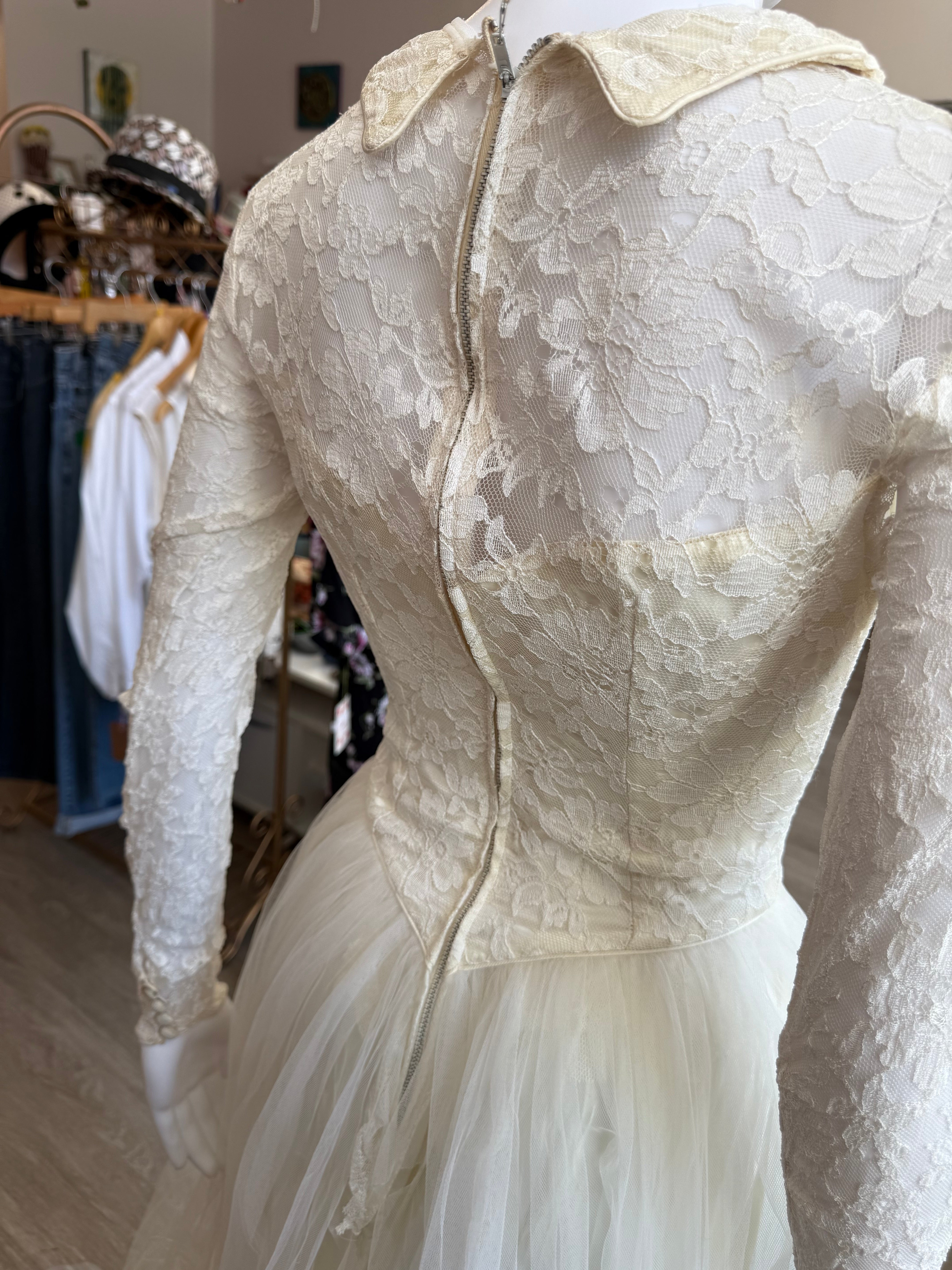 1950s Lace Wedding Dress - Long Sleeve Bridal Gown with Train Dollhouse at Pointe Foure 1950s Lace Wedding Dress - Long Sleeve Bridal Gown with Train Dollhouse at Pointe Foure
