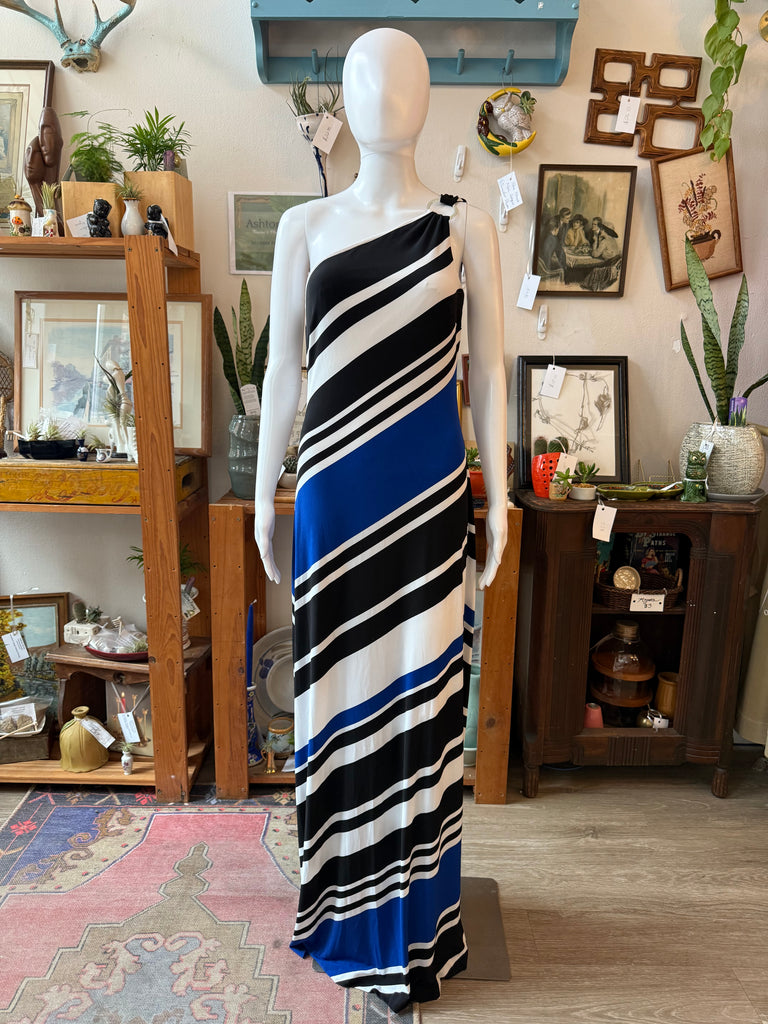 fitted lace wedding dress Early 2000s Cache One-Shoulder Striped Maxi Dress