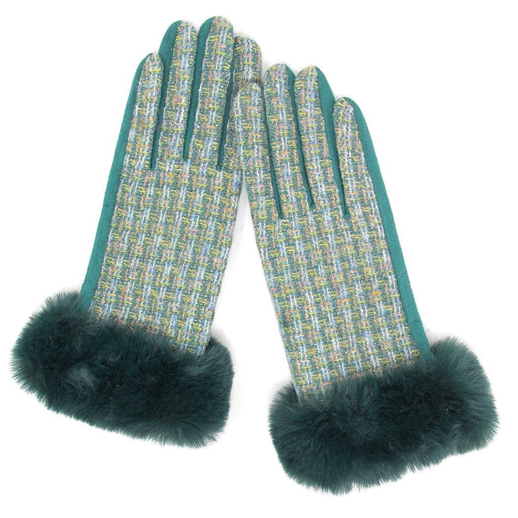 Tweed Pattern with Faux Fur Cuff Smart Gloves: ONE SIZE / GREEN