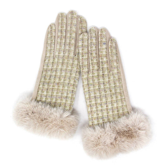 Tweed Pattern with Faux Fur Cuff Smart Gloves: ONE SIZE / BEIGE