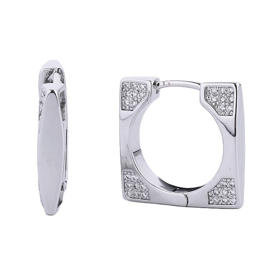 14K Gold-Dipped CZ Paved Geometric Huggie Earring: ONE SIZE / WHITE GOLD