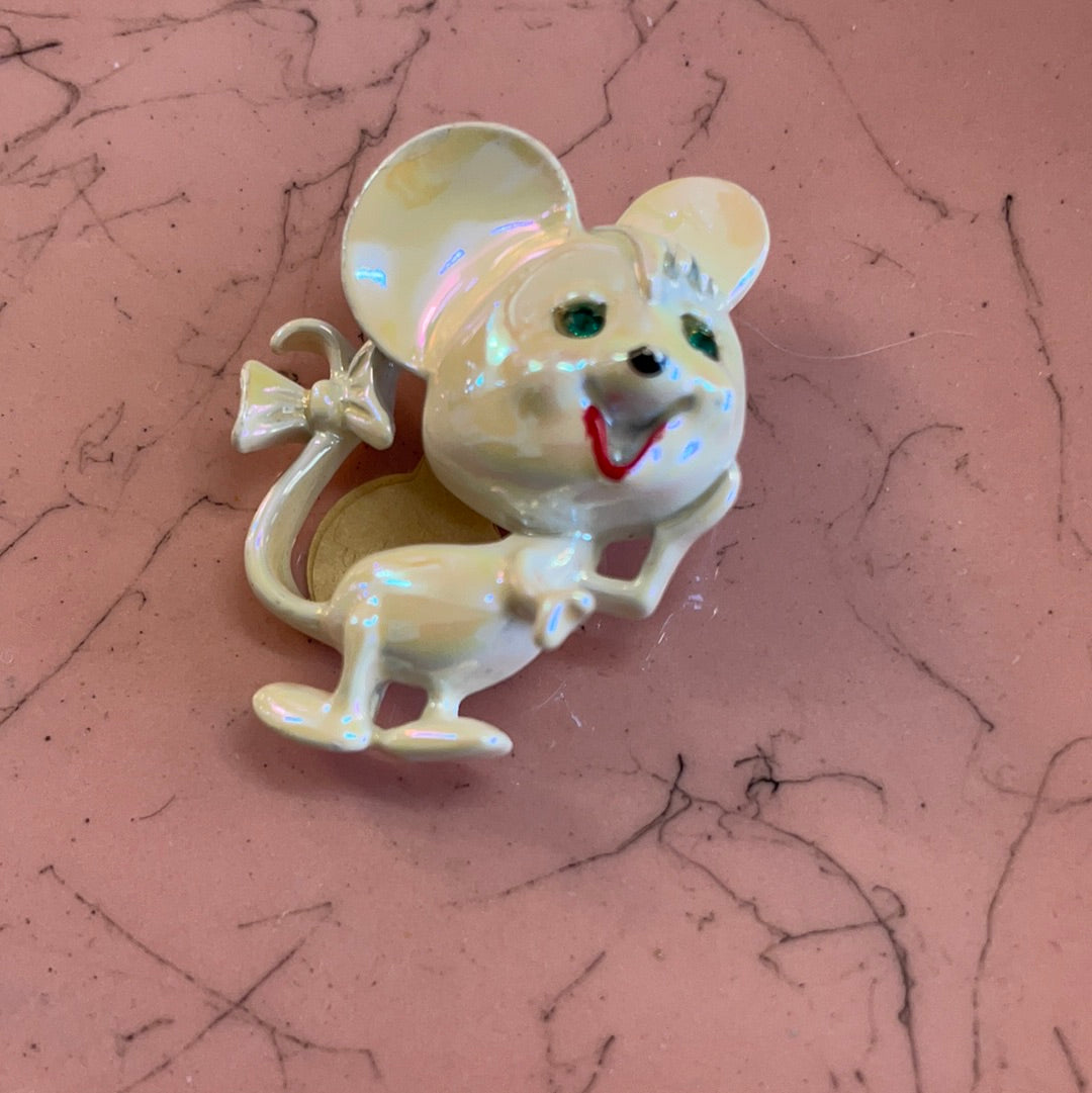 Vintage Luster Enamel Mouse Pin Brooch Green Rhinestone Eyes Fun 1950s Figural Jewelry