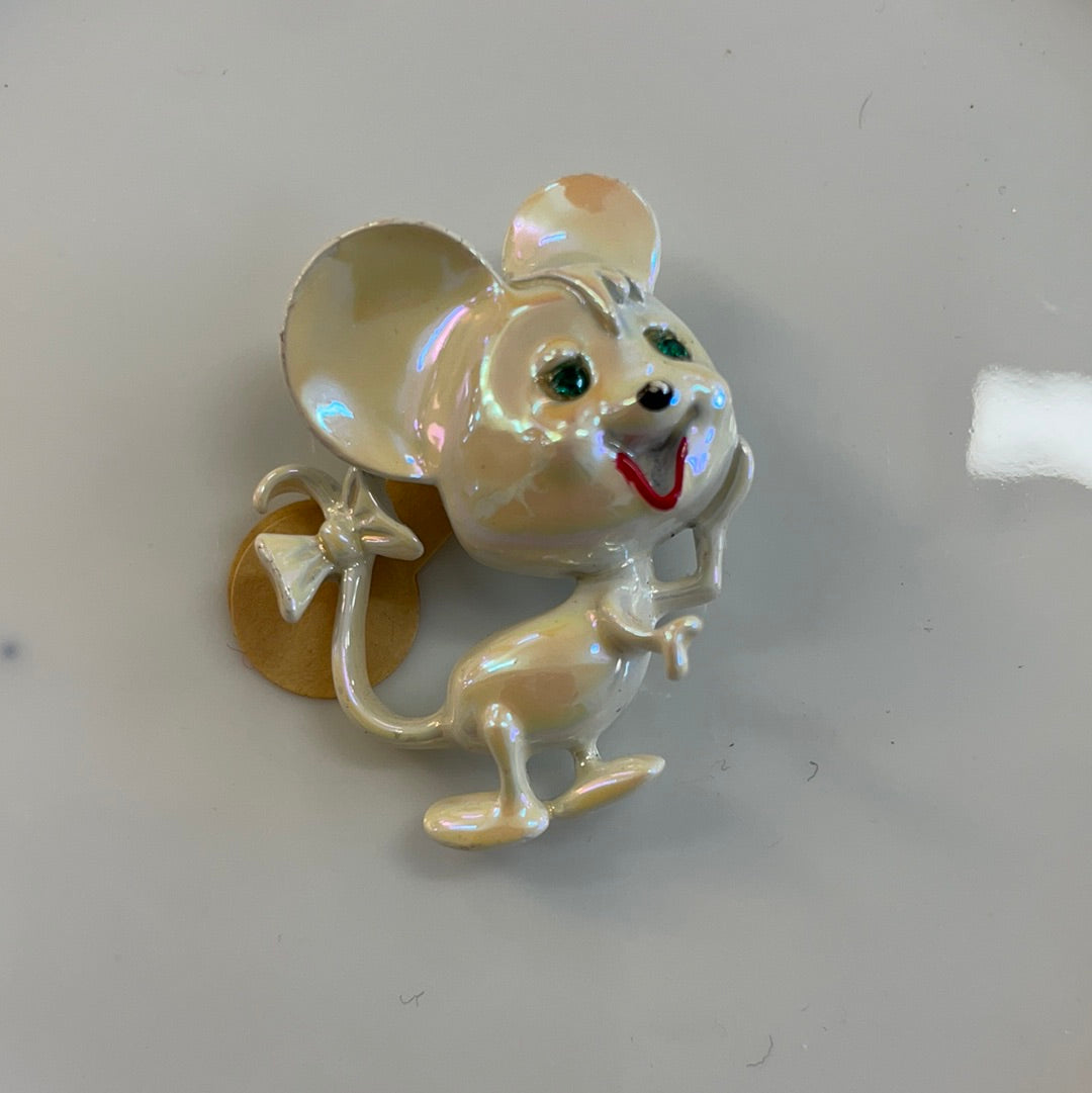 Vintage Luster Enamel Mouse Pin Brooch Green Rhinestone Eyes Fun 1950s Figural Jewelry